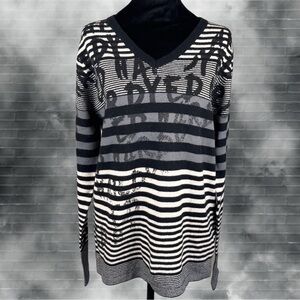 Ed Hardy by Christian Audigier Wool Blend Striped Black and White V-Neck Sweater